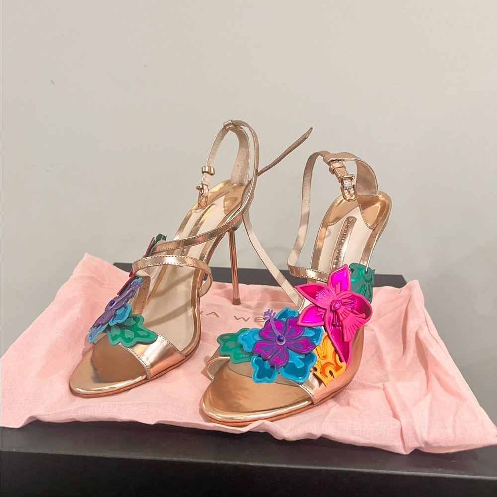 Sophia Webster Hula 3D Floral-appliqué Rose Gold Leather Sandal Heel sz 9
